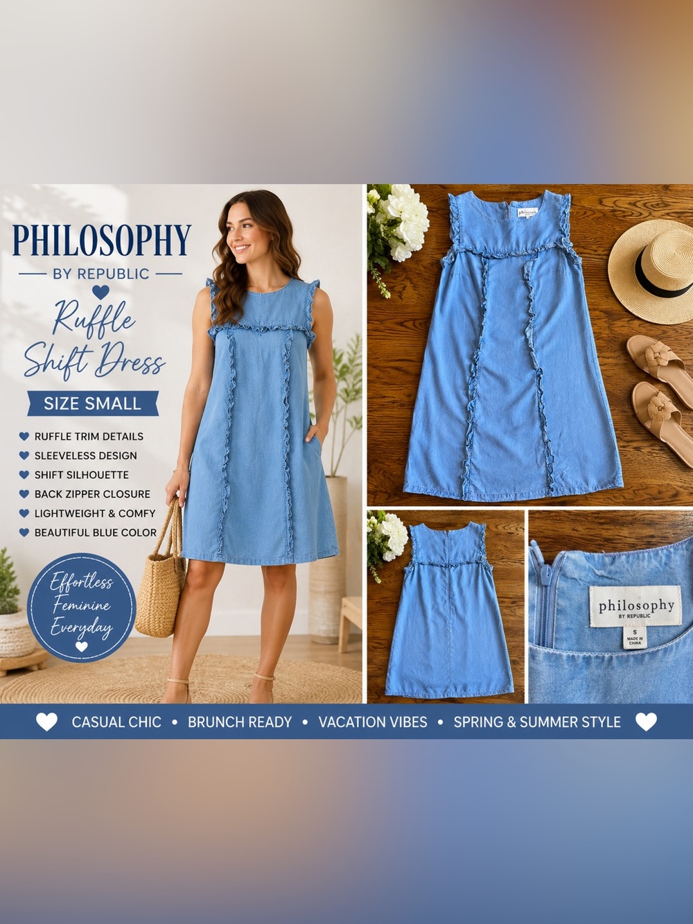 Philosophy by Republic Chambray Ruffle Shift Dress Size Small Cottagecore